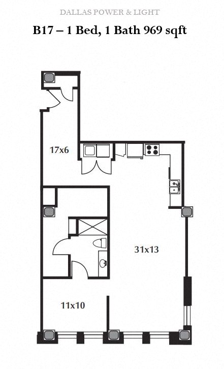 Floor plan for 1 bed, 1 bath, 969 sqft